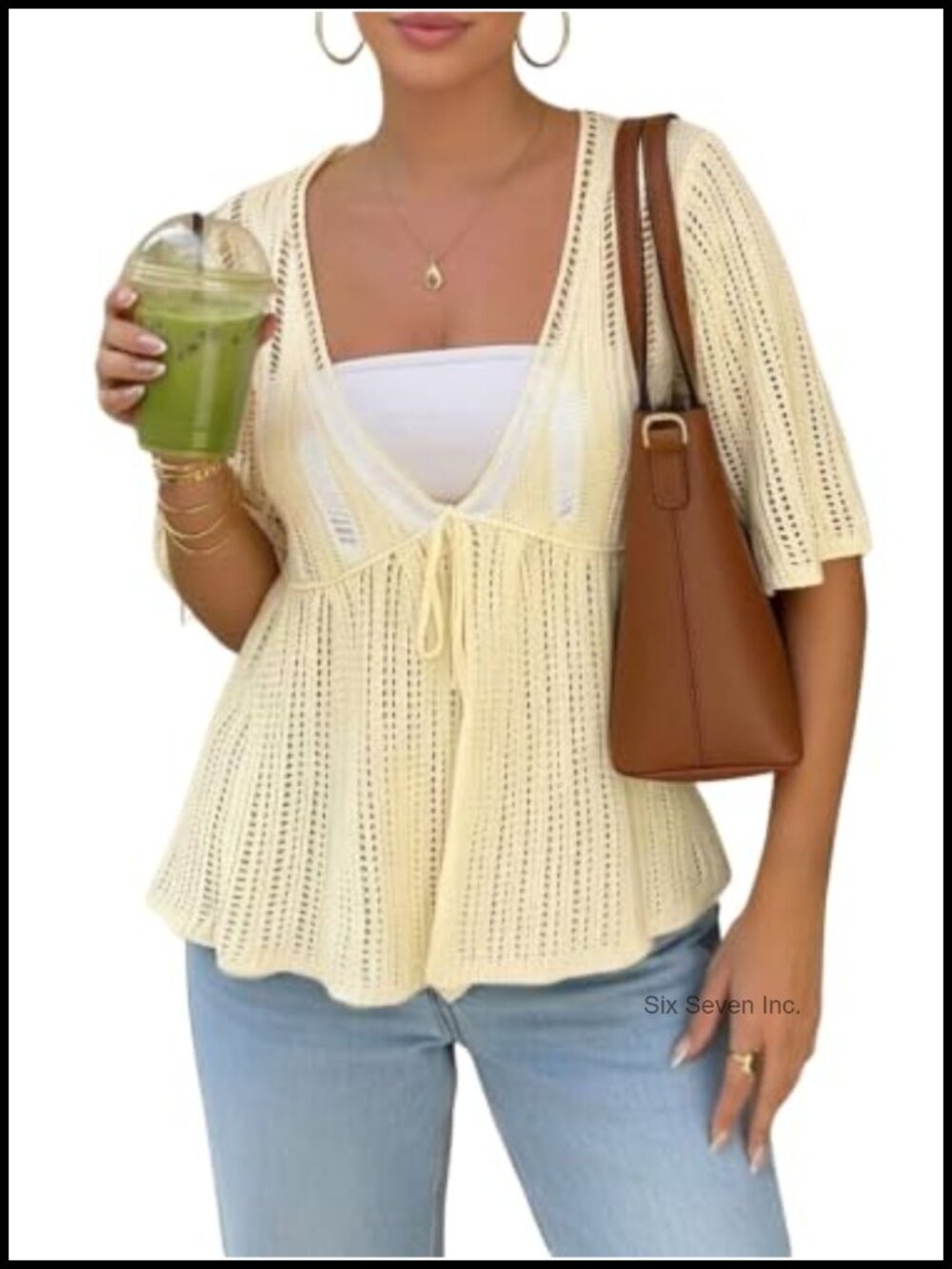Lightweight Tie Front Crochet Knit Cardigan Half Sleeve V-Neck